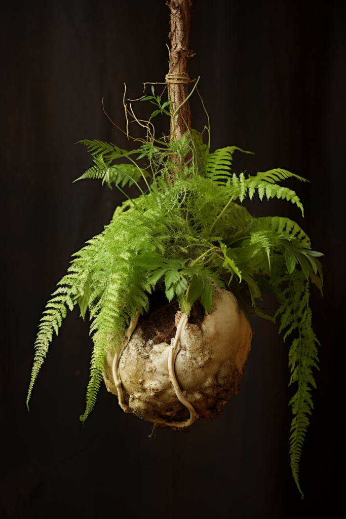 Choosing a ceiling hanging plant, a fern dangles gracefully from a string against a black background.