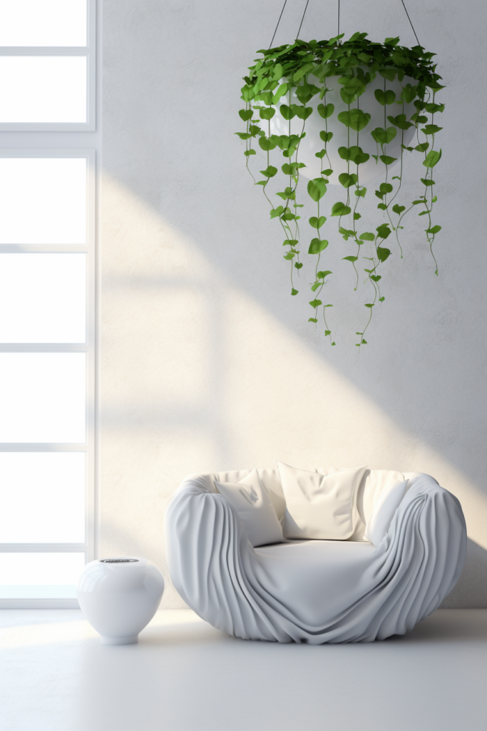 A white couch with a ceiling-hanging plant.