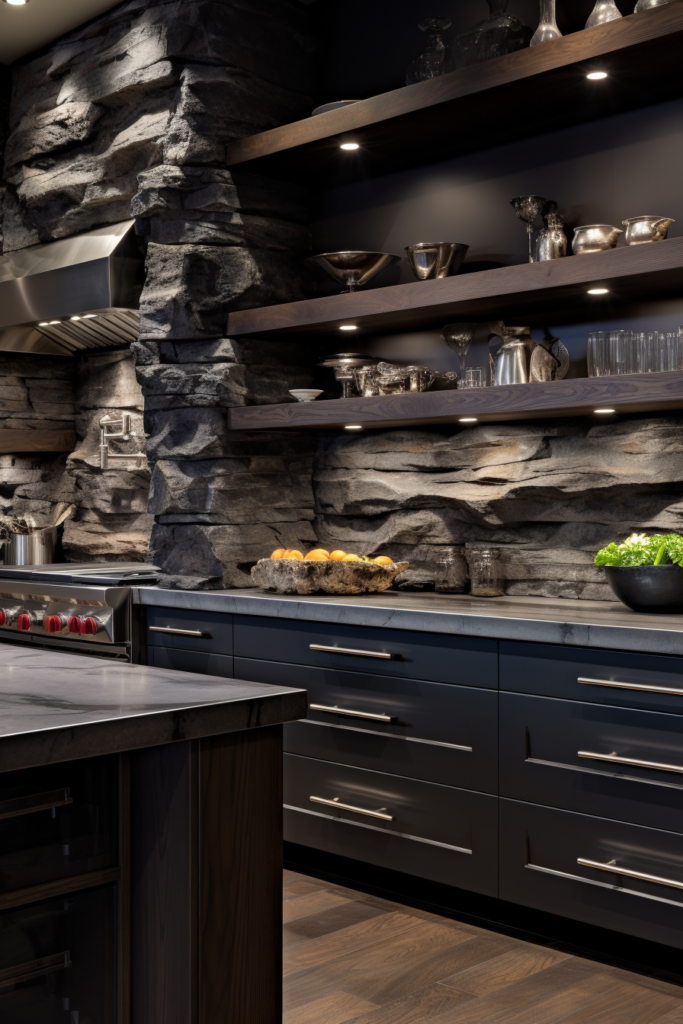 A kitchen with black stainless steel cabinets against a stone wall.
