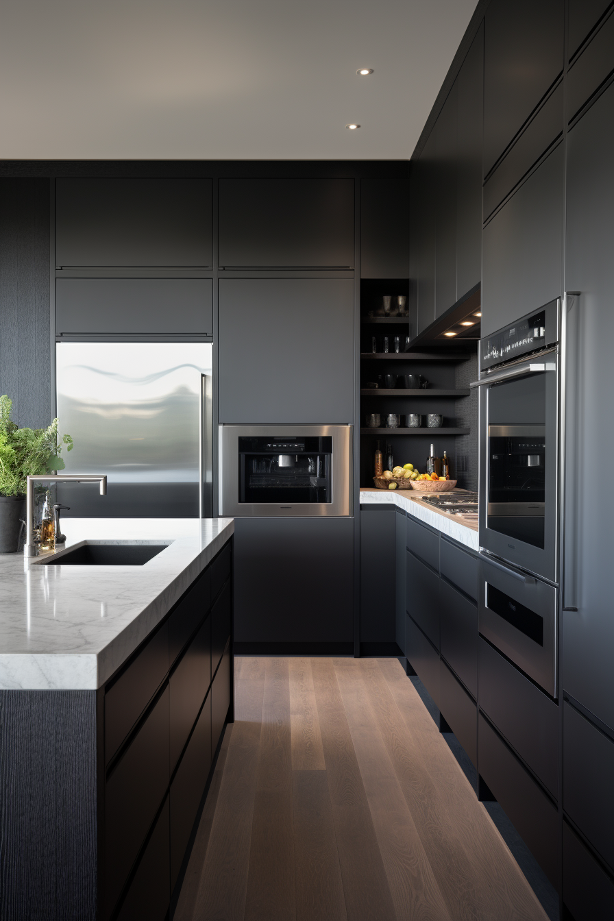 A modern kitchen with black cabinets and marble counter tops.