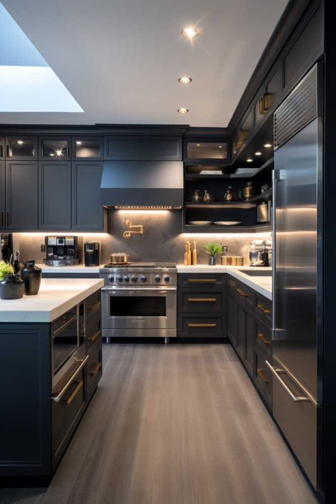 A contemporary kitchen featuring black cabinets and sleek stainless steel appliances.