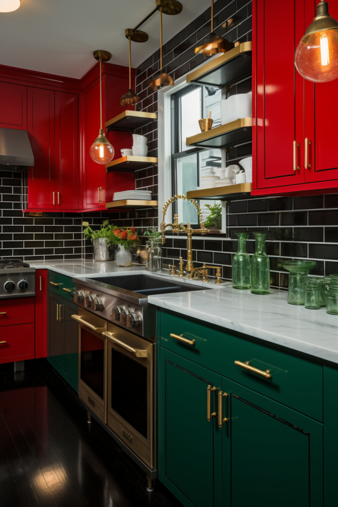 A kitchen with red and green cabinets and black stainless steel appliances.