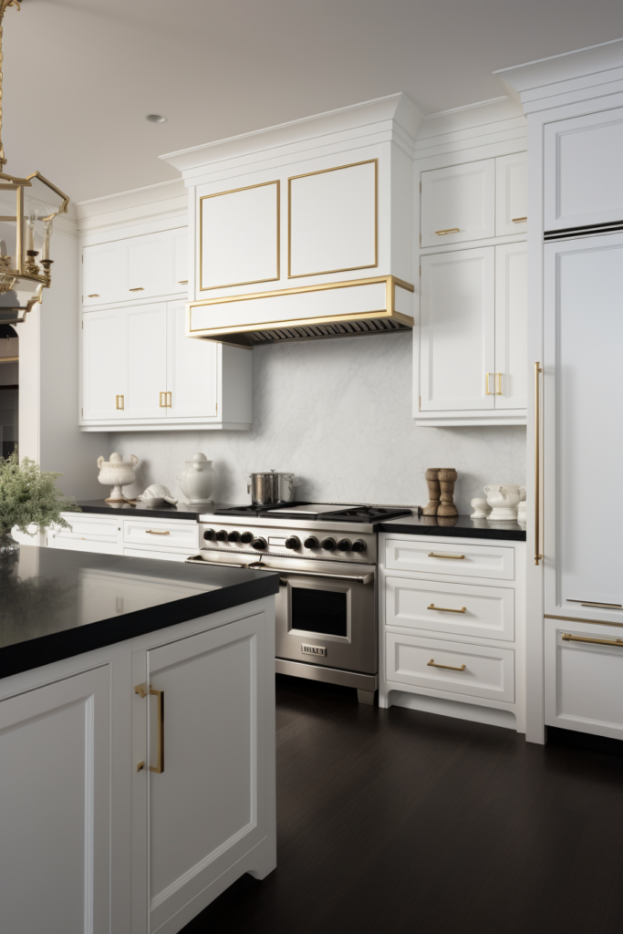 A 3D rendering of a white and black kitchen with gold accents.
