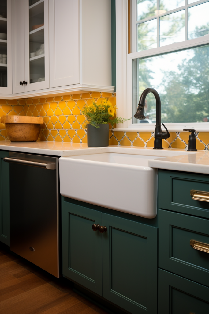 A kitchen with green and yellow cabinets, black stainless steel appliances, and a yellow sink.