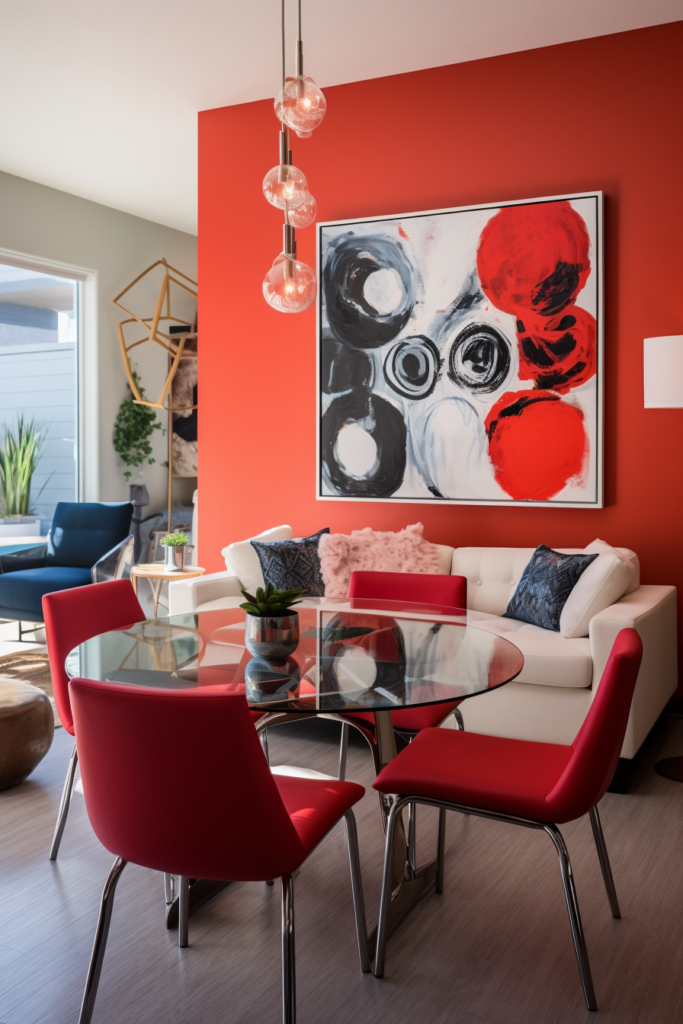 A visually coordinated living room with a red wall for color continuity.