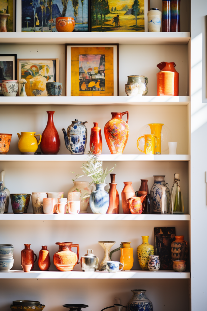A visually coordinated shelf with a plethora of colorful vases showcasing visual continuity.