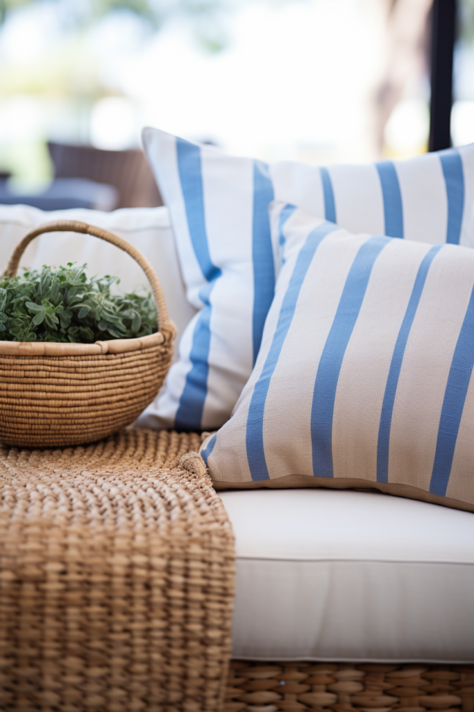 Blue and white striped pillows add a touch of visual continuity to a wicker basket, creating a cohesive and coordinated décor.