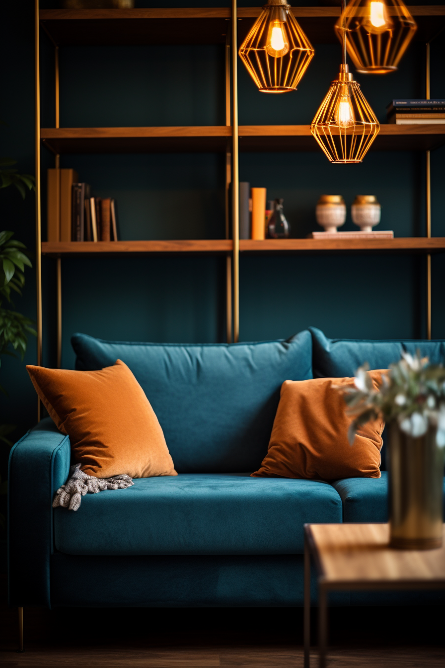 A living room with a blue couch and décor coordination.