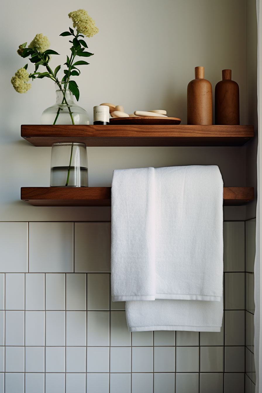 A bathroom shelf adorned with colorful towels and a vase, utilizing lighting techniques to create illusions of space.