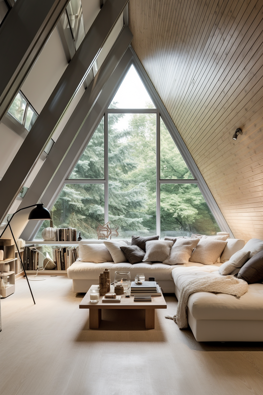 A cozy attic living room with a comfortable couch and a bookshelf.
