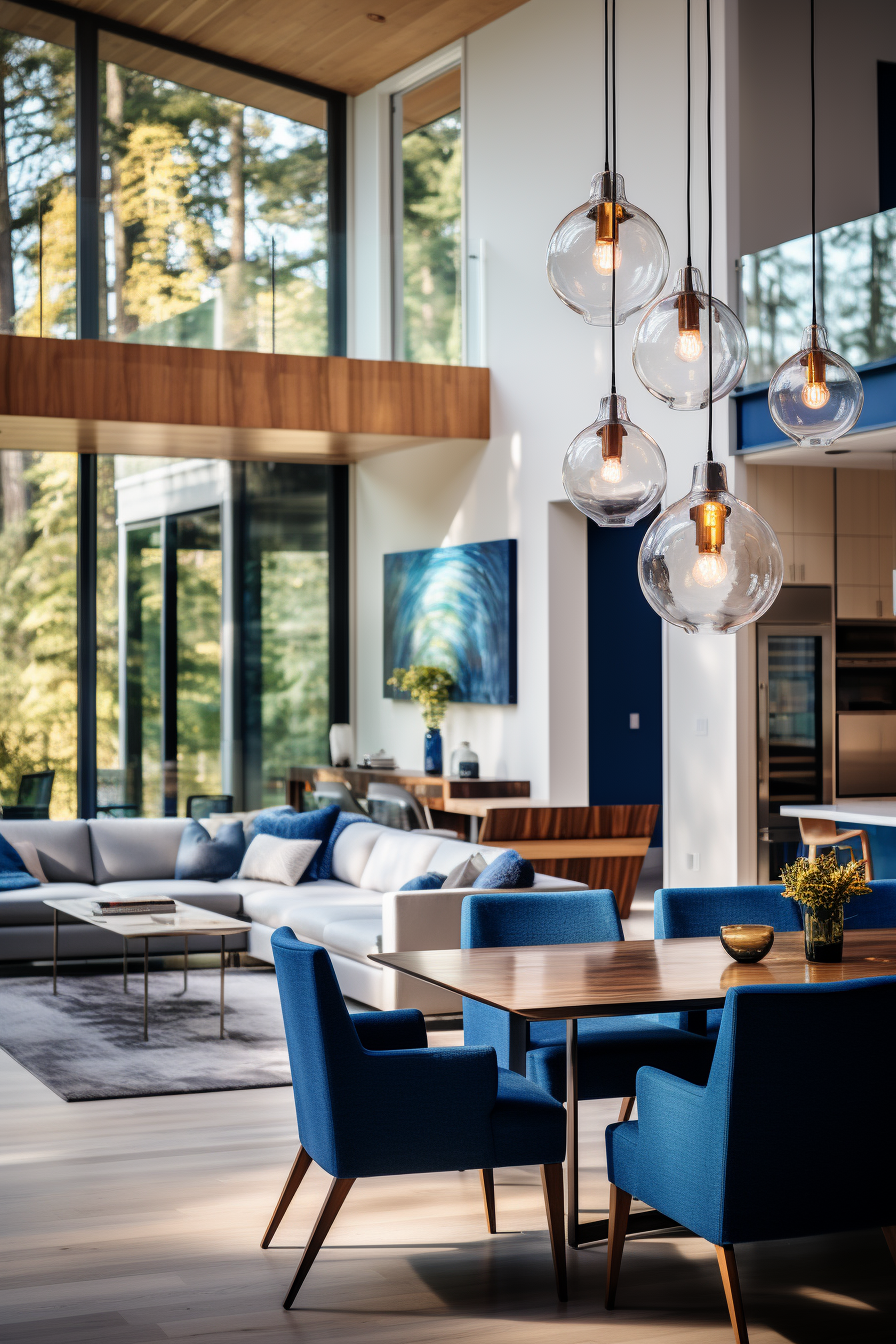 A contemporary living room with blue chairs and glass chandeliers that expertly combines color and lighting techniques to create illusions of space.