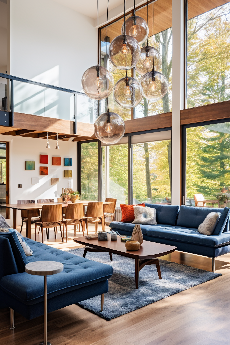 A modern living room with blue couches that create illusions of space and abundant natural lighting techniques through large windows.