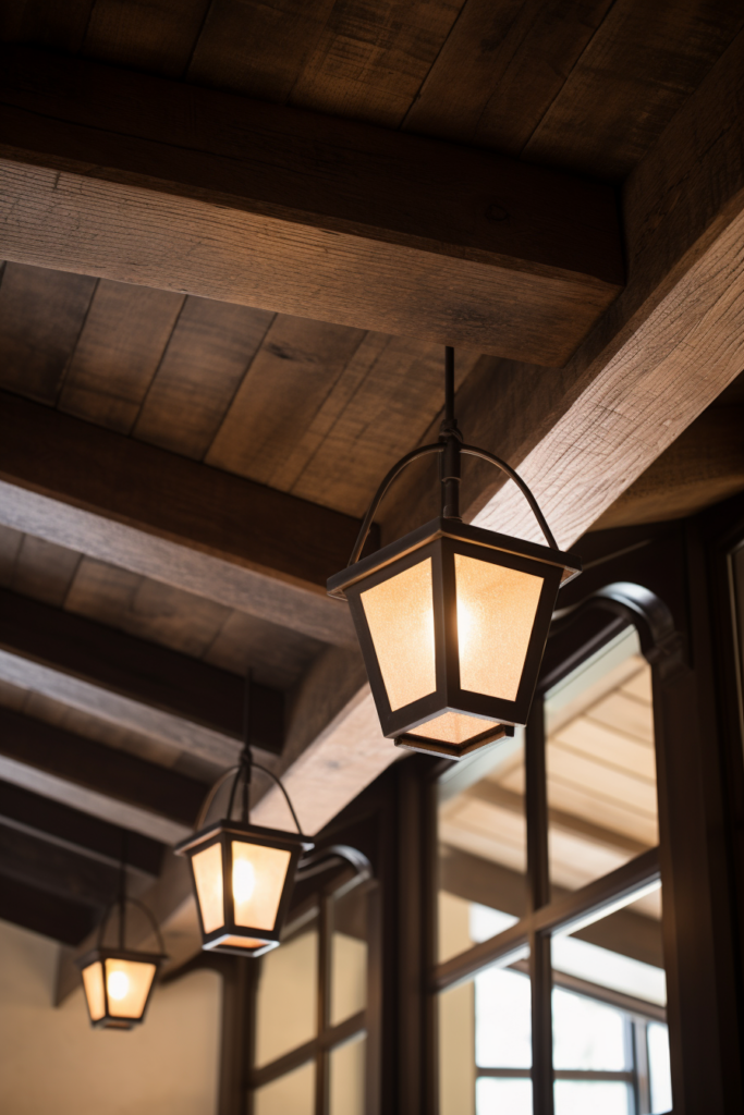 The interior design of the countryside house includes a wooden ceiling.