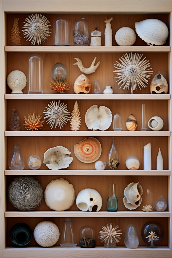 A wooden shelf filled with seashells and other objects in a Countryside House.