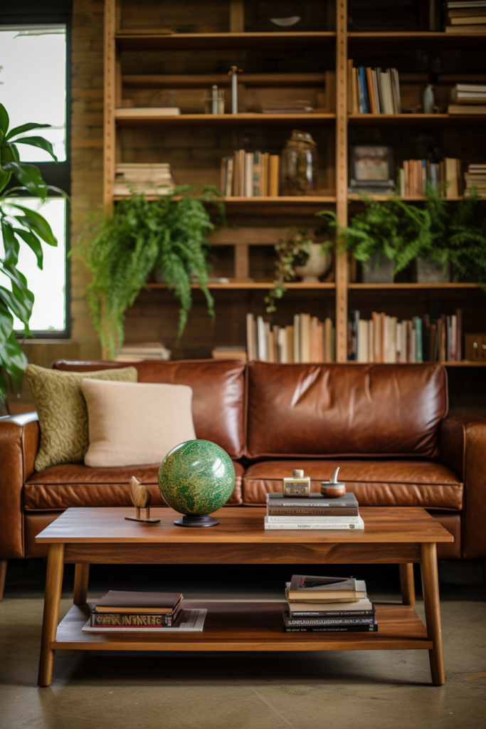 A country house living room with a brown leather couch and a coffee table.
