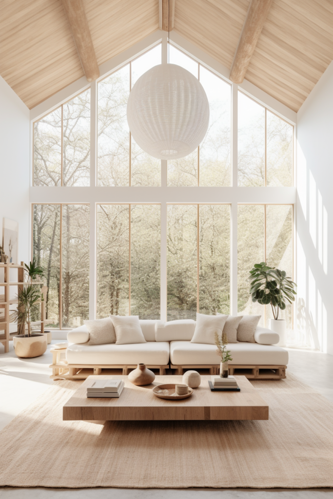 A countryside-inspired living room with a wooden ceiling.