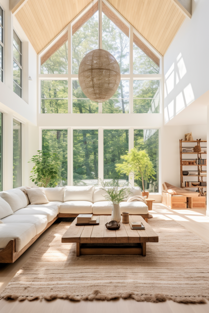 An interior design in a countryside house featuring large windows and a warm wooden floor.