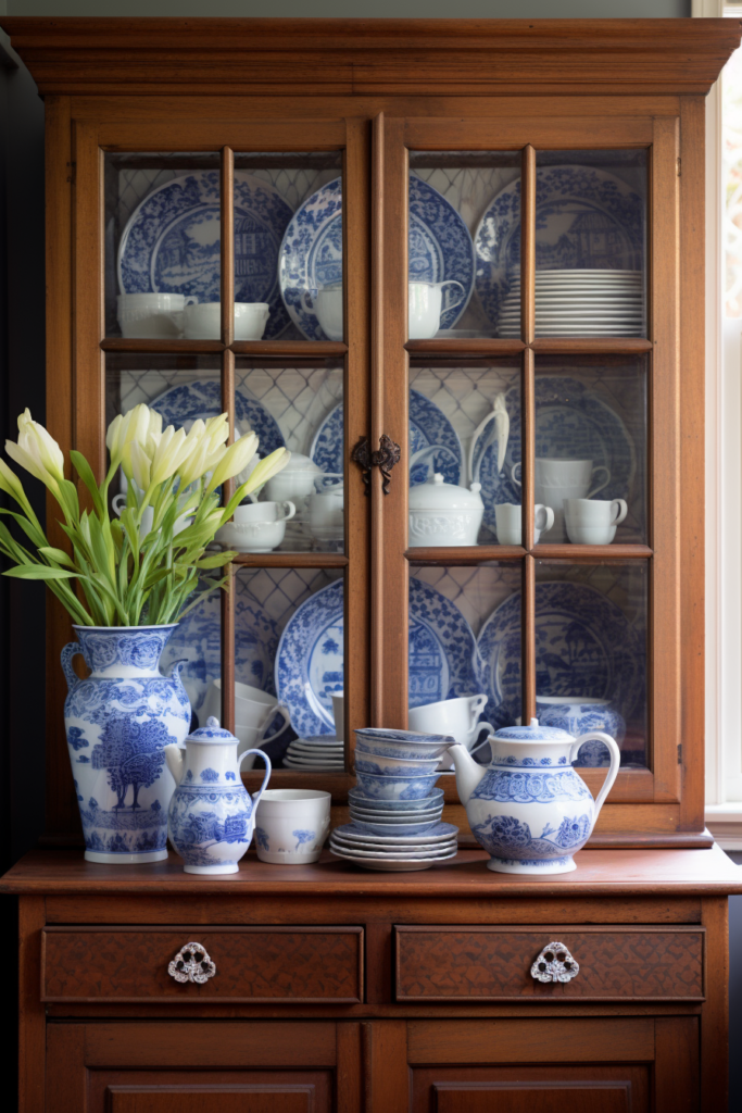 A charming blue and white china cabinet that fits perfectly in a country house.