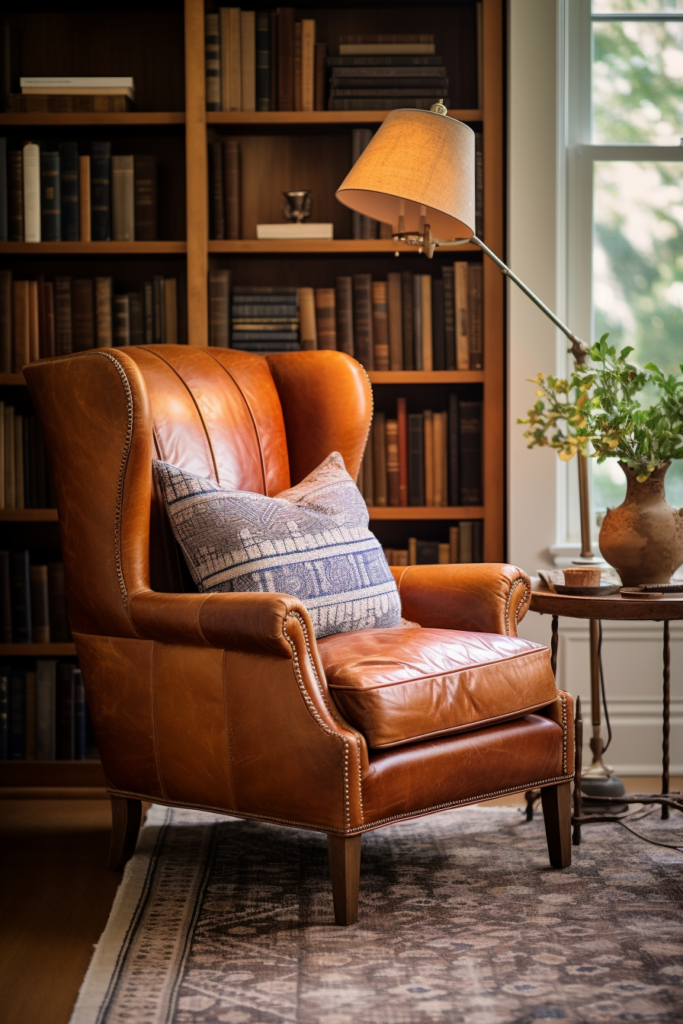 A cozy brown leather chair in front of a bookcase, creating a reading blissful atmosphere.