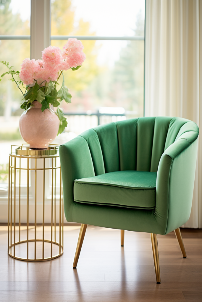 A cozy green velvet chair, perfect for reading bliss, placed beside a luxurious gold vase.