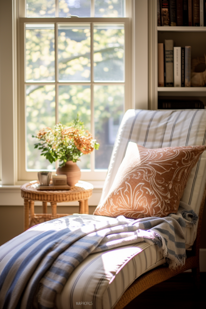 A cozy chaise lounge in front of a window, providing reading bliss.