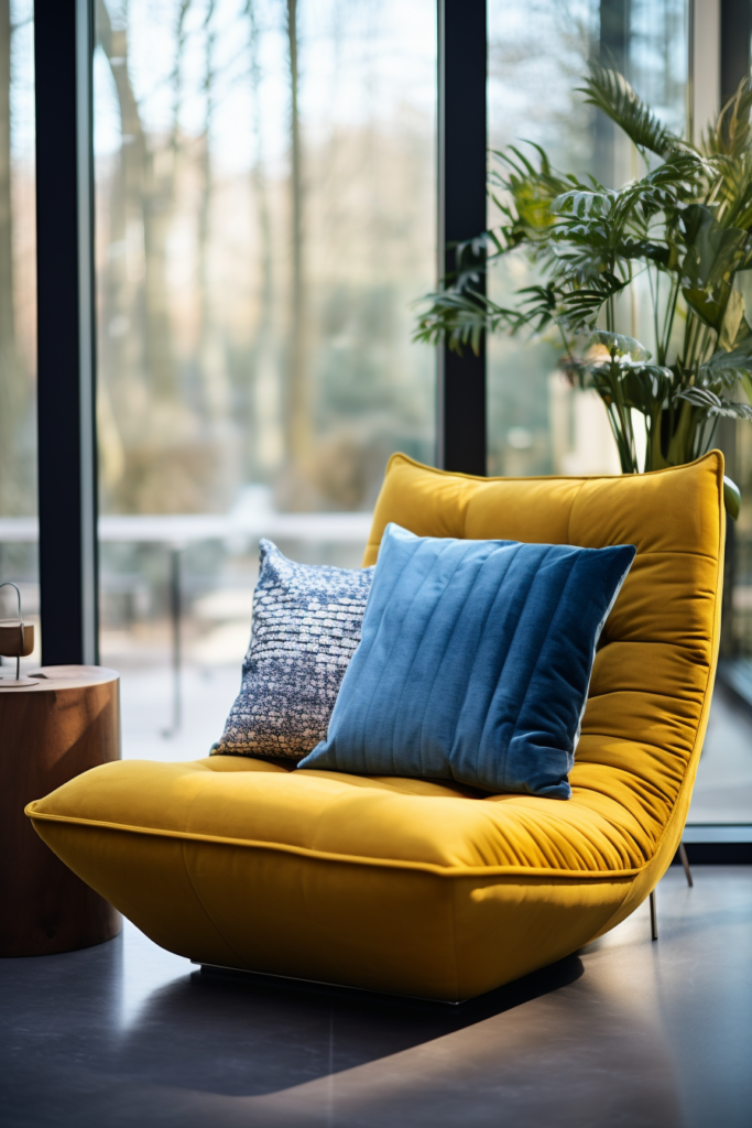 A cozy yellow lounge chair in front of a window, perfect for reading bliss.