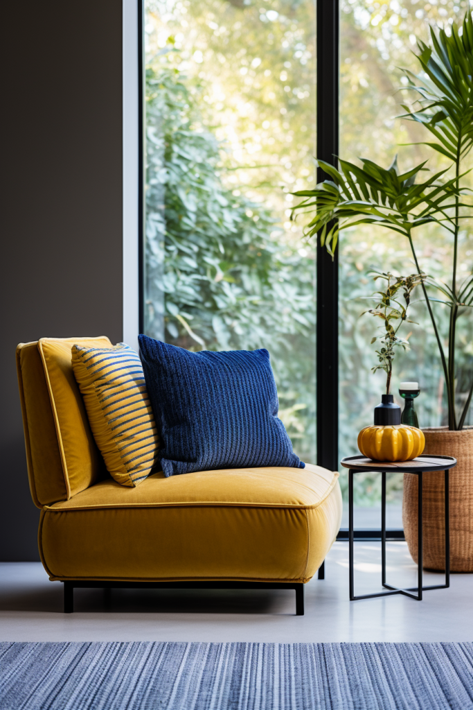 A cozy living room with a yellow chair and a potted plant, providing the perfect reading bliss.