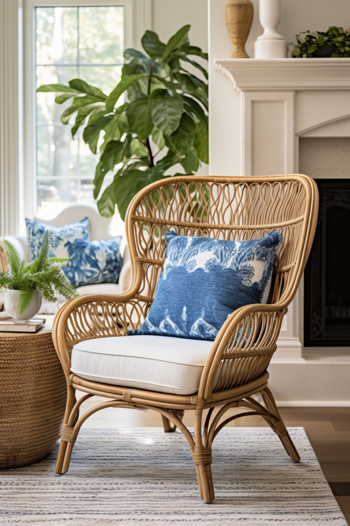 A cozy rattan chair in front of a fireplace, creating the perfect reading bliss.