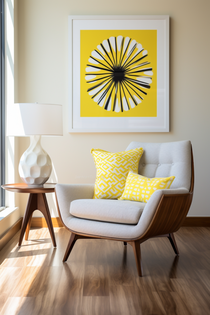 A cozy chair in a room with a yellow flower on it.