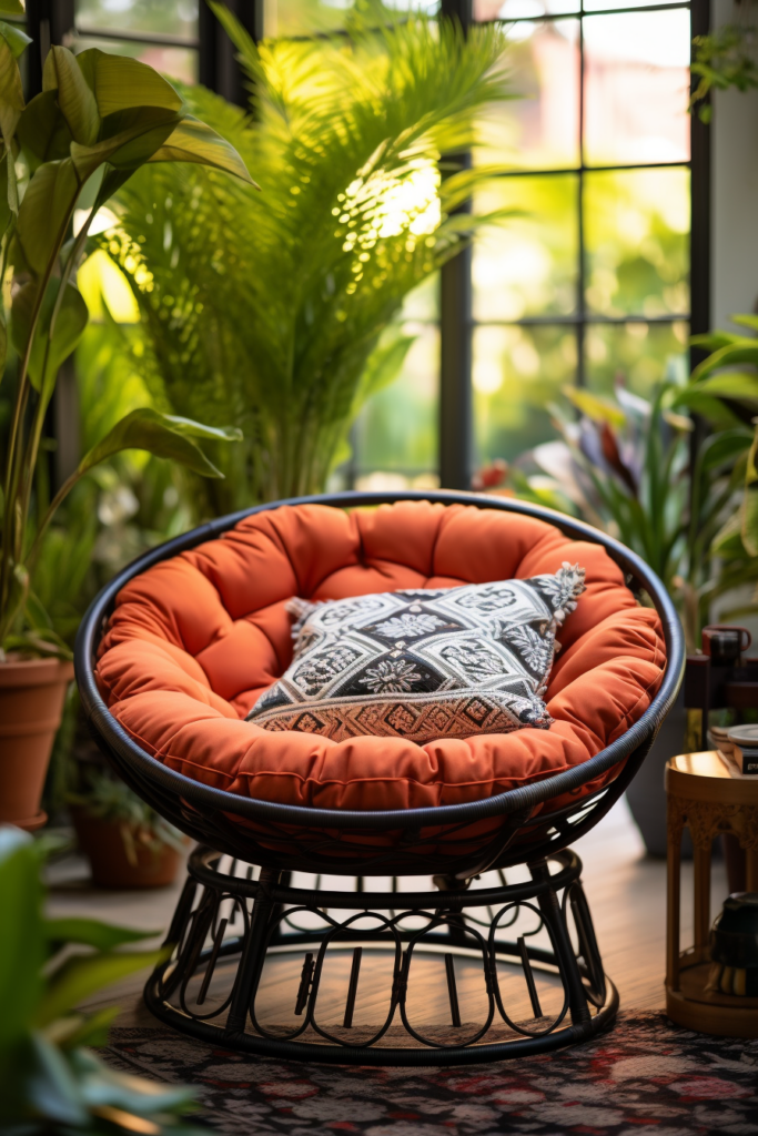 A cozy rattan chair in front of a window, perfect for reading bliss.