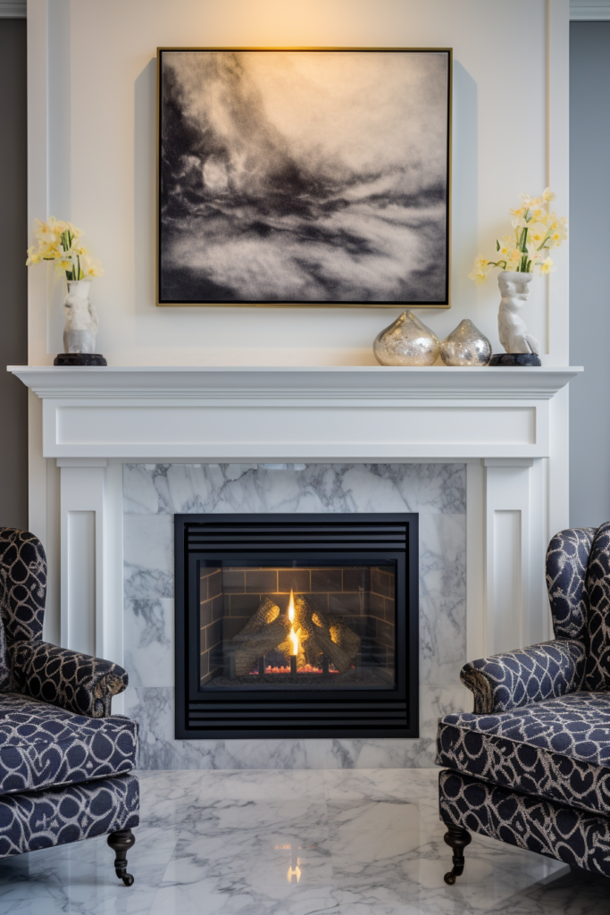 Creating a focal point, a fireplace anchors the living room.