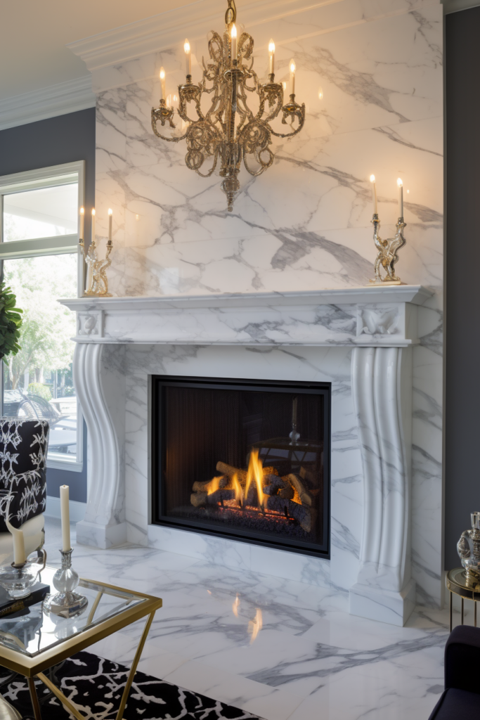 A marble fireplace, serving as a focal point, anchors the living and dining areas in a cozy living room.