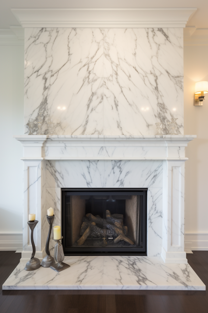 A marble fireplace is an important focal point in a living room.