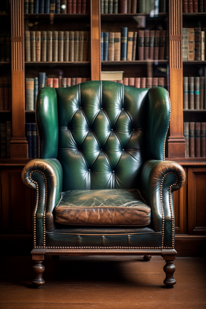 A green leather chair serves as an anchor in the living and dining areas, positioned in front of a bookcase, creating a focal point.