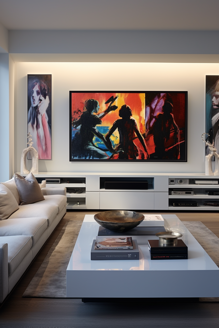 A white living room with a large painting on the wall, perfect for decorating.