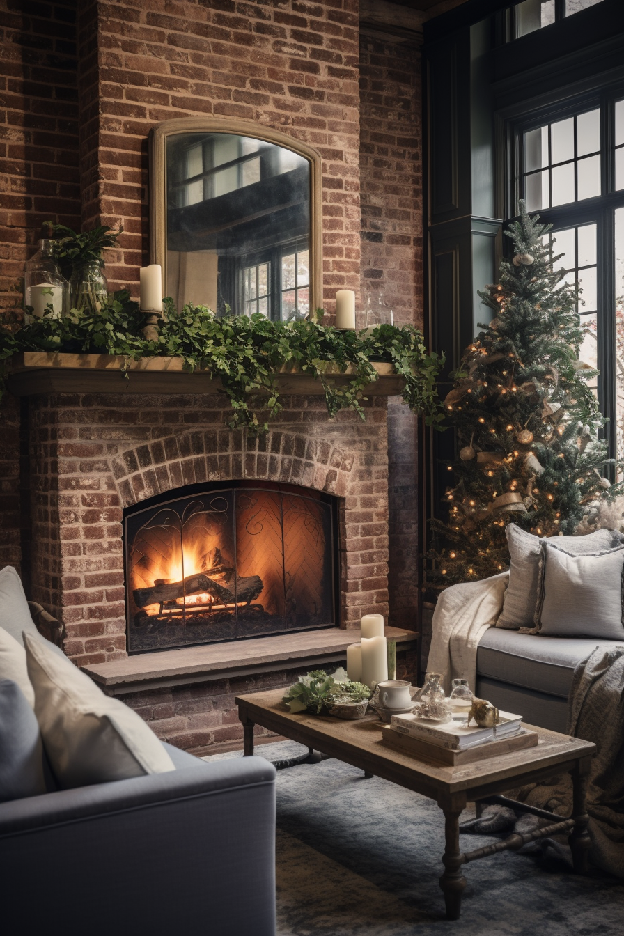 A festively decorated living room with a fireplace and Christmas ornaments.