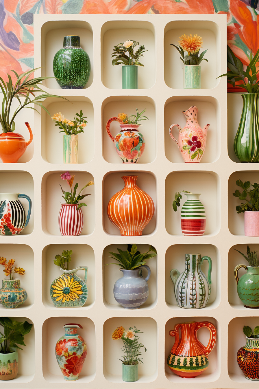 A vibrant display of colorful vases, perfect for decorating living rooms or filling up awkward corners on a wall.