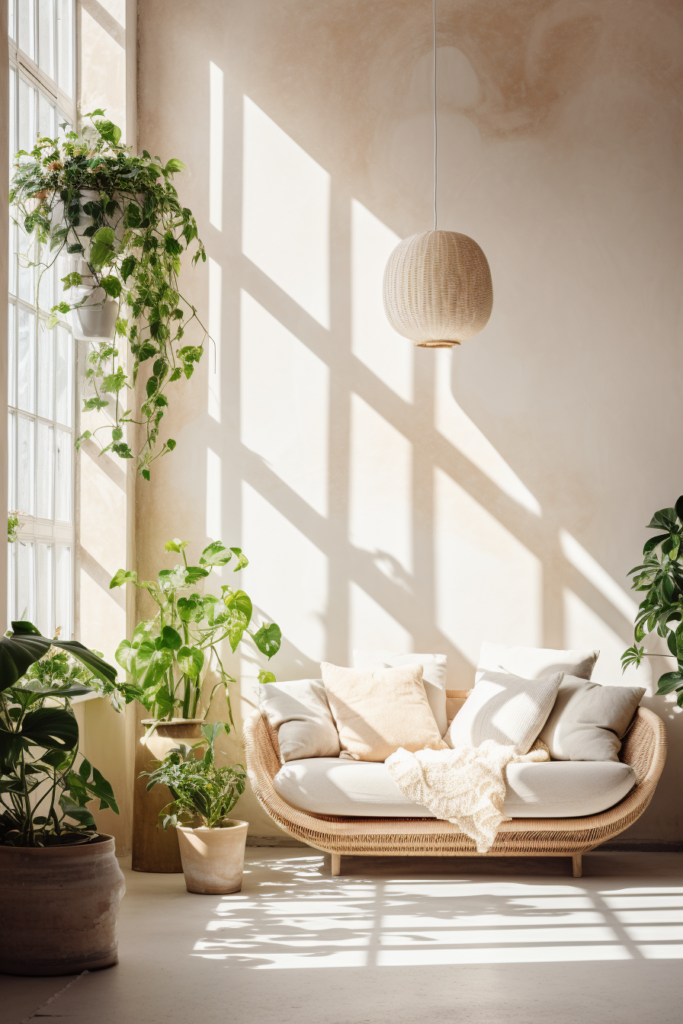 A functional living room with a decorative couch and hanging plants.