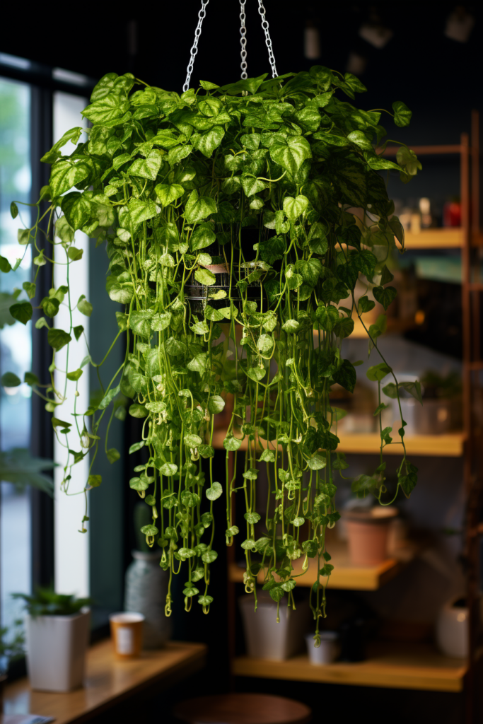 A decorative plant hanging from a ceiling in a room.