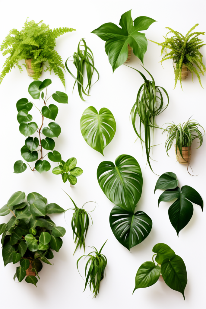 Enhancing Interior Design with a Group of Hanging Ceiling Plants on a White Background.