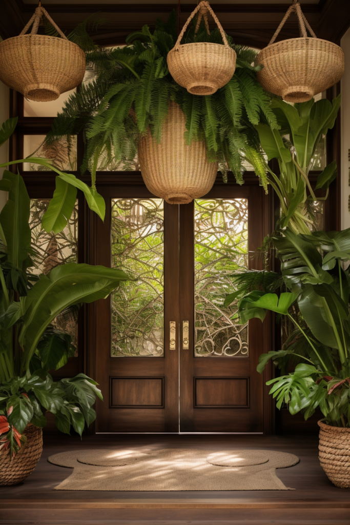 An elevated doorway adorned with an abundance of hanging ceiling plants, enhancing interior design.