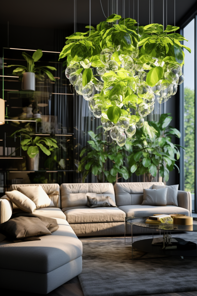An elevated living room with green plants hanging from the ceiling, enhancing interior design.