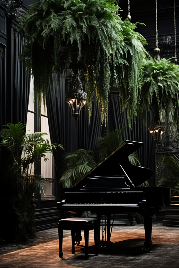 An interior design featuring a black piano in a room with hanging ceiling plants, enhancing the overall ambiance.