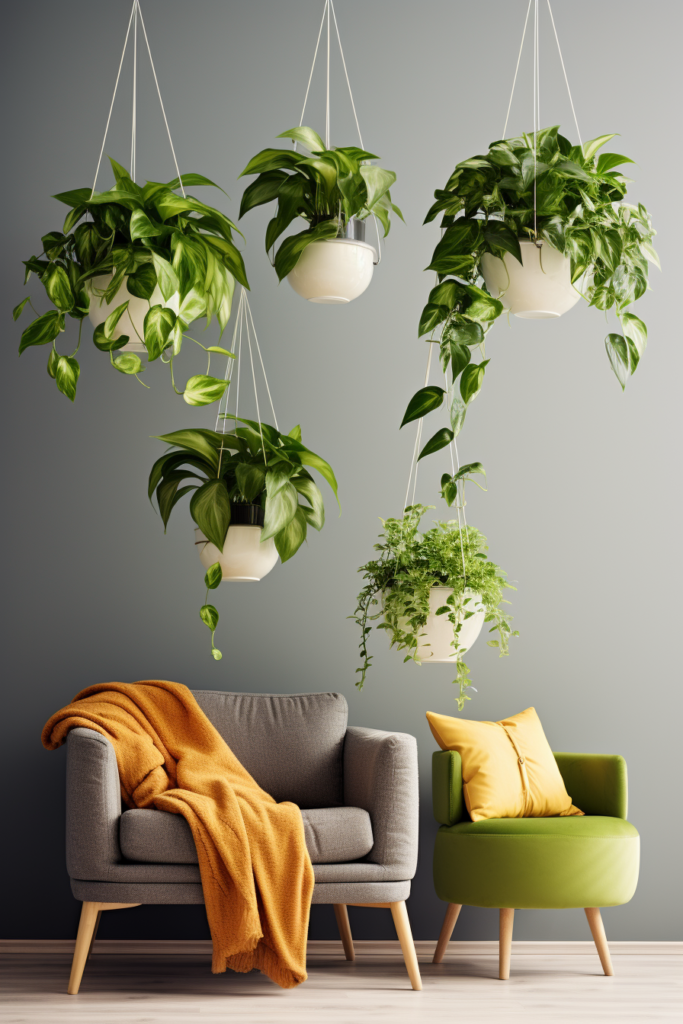 An interior design that enhances the living room with green plants hanging from the ceiling.