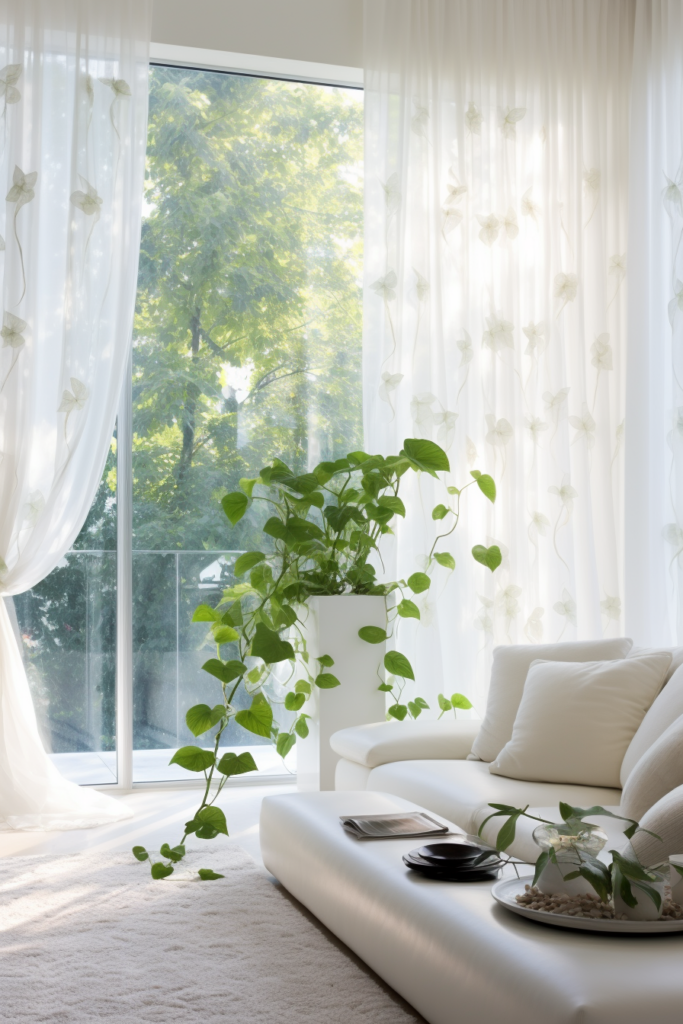 A living room with white curtains and a potted plant, enhancing interior design.
