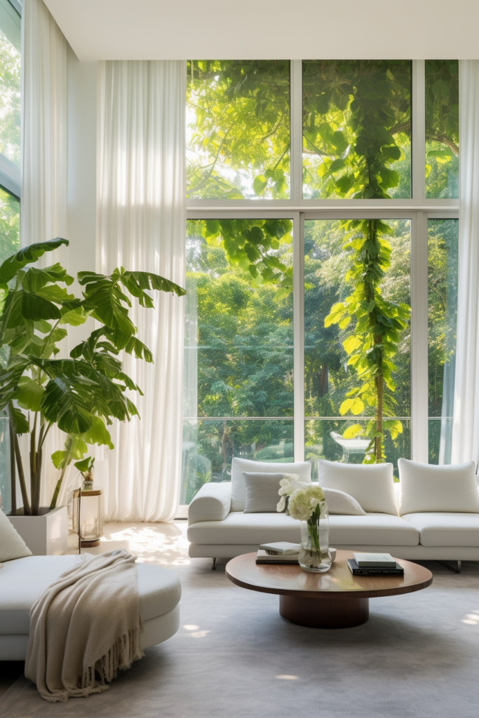 Enhancing the interior design, this white living room is accentuated by large windows that allow ample natural light to fill the space. Adding a touch of greenery, hanging ceiling plants create a