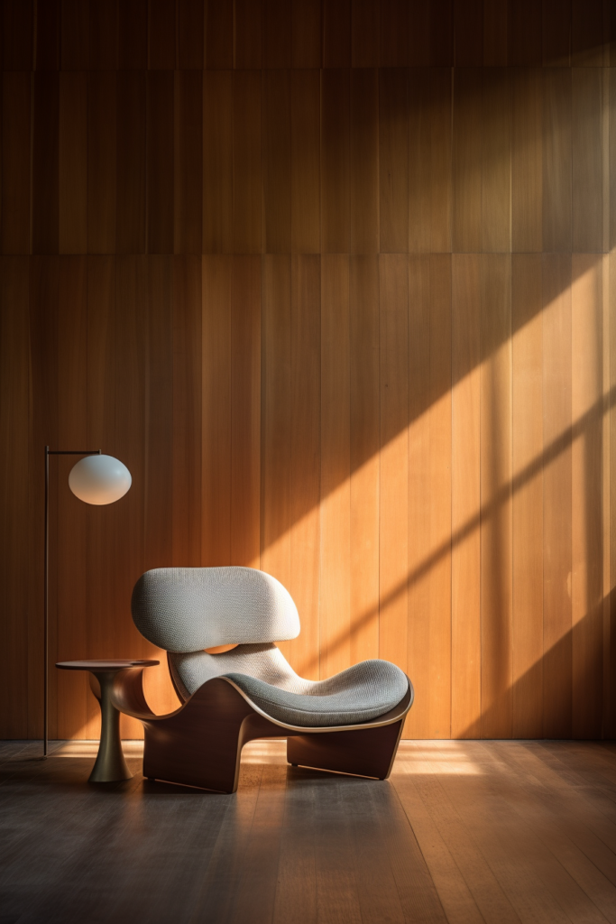 A lounge chair positioned in front of a wooden wall showcases a stylish furniture arrangement.