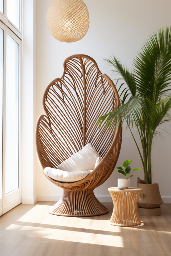 A wicker chair positioned in front of a window, creating a focal furniture arrangement within the room.