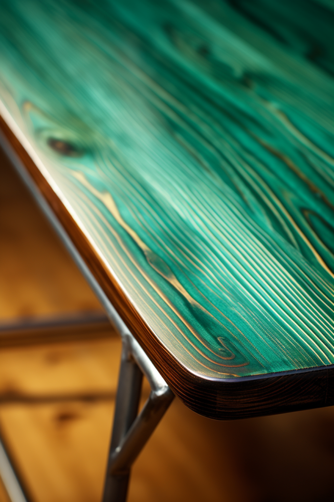 A stylish wooden table with a green finish.