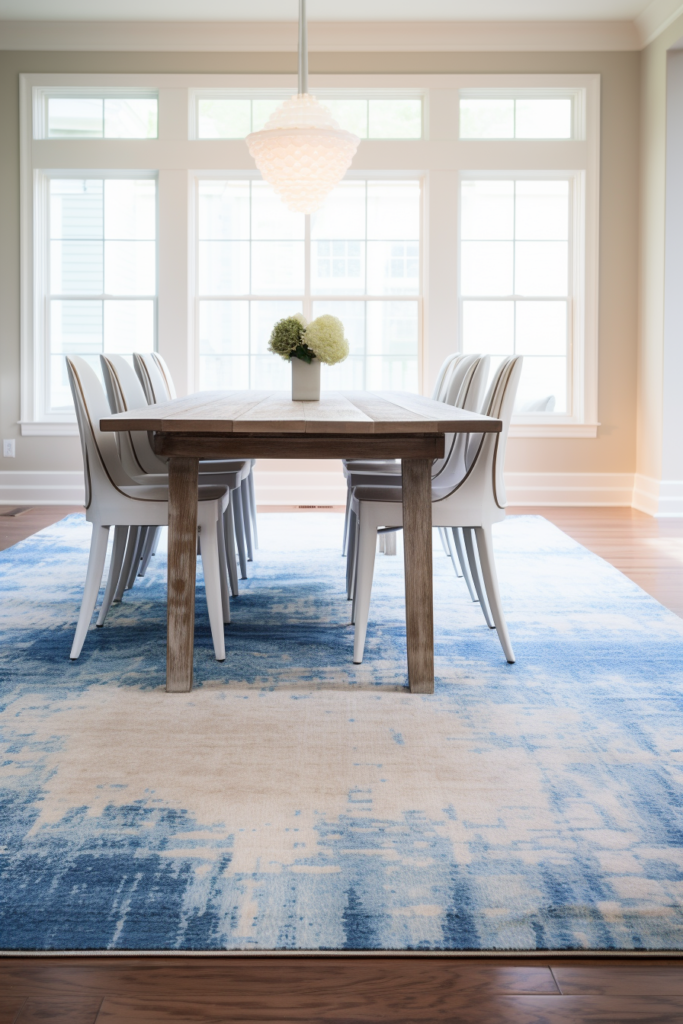 A dining room with a blue rug and white chairs designed for traffic flow optimization.